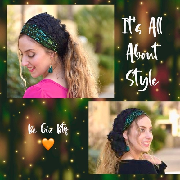 Lovely Black & Green Lace Handmade Mitpachat Head Covering-Scarf-Tichel Headband - Picture 4 of 10
